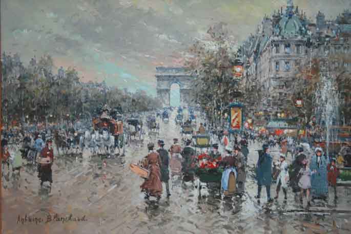 Arc de Triomphe et Rond Point des Champs Elysees en 1900, Original Painting by Antoine Blanchard