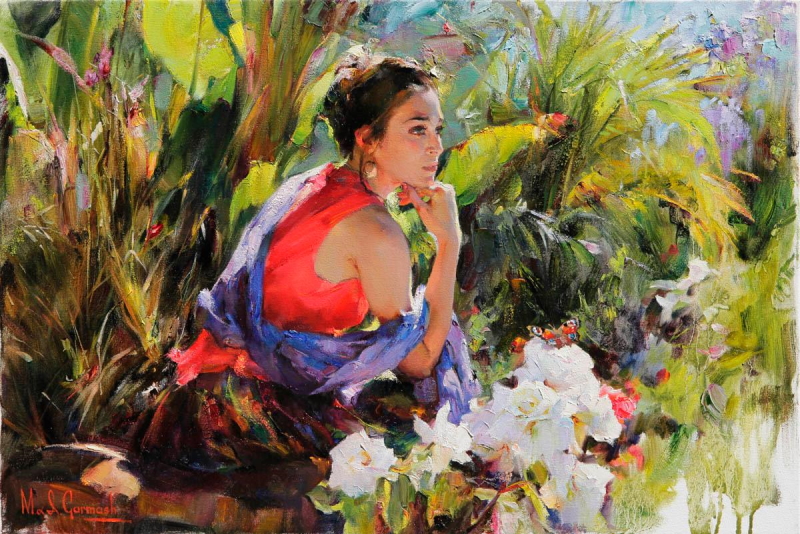 Original Painting, Watching a Butterfly by Michael & Inessa Garmash