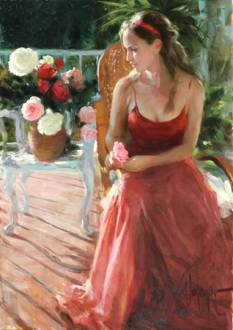 Original Painting, In Red on Terrace by Vladimir Volegov