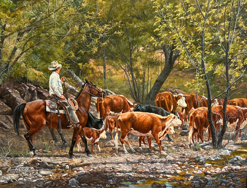 Original Painting, Herding Cattle in Spring by Tim Cox