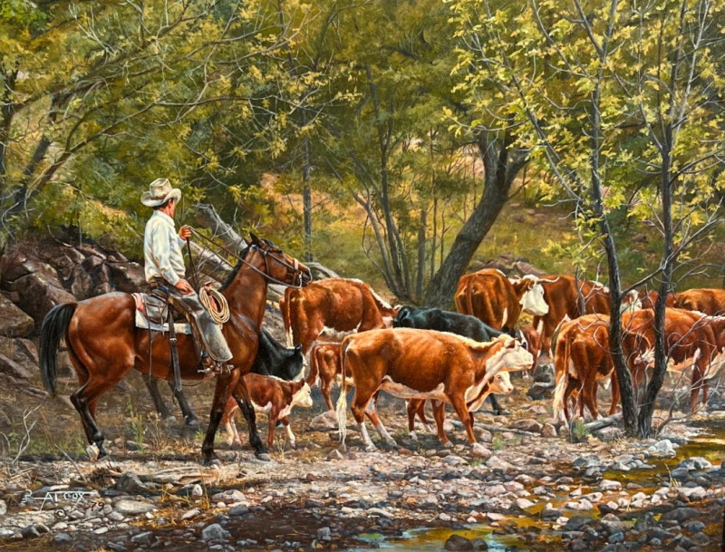 Original Painting, Herding Cattle in the Spring by Tim Cox