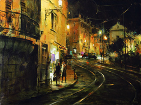 Original Painting, Lisbon at Night by Dimitri Danish