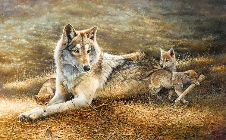 Original painting Mother Wolf and Cubs by Bonnie Marris