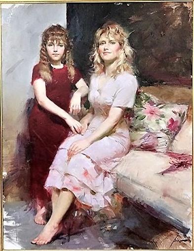 Original Painting, Mother and Daughter Portrait by Pino