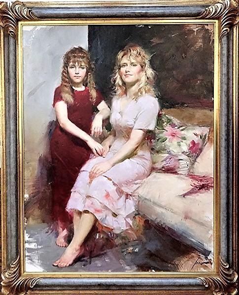 Original Painting, Mother and Daughter Portrait by Pino