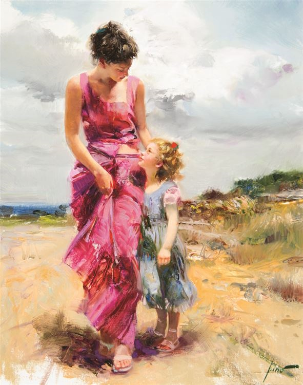 Original Painting, Woman and Child on the Beach by Pino
