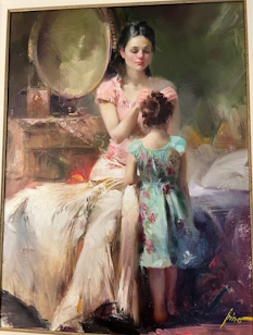 Original Painting, Mother and Child Getting Ready