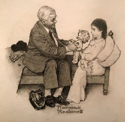 Norman Rockwell Original Drawing, Doctor Examining Sick Doll for Little Girl