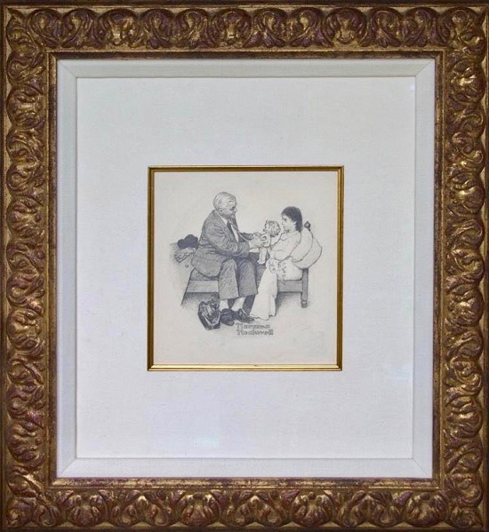 Norman Rockwell Original Drawing, Doctor Examining Sick Doll for Little Girl