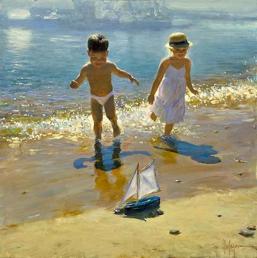 Children on the Beach Original Painting by Vladimir Volegov
