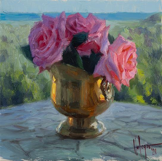 Roses in Bronze Vase Original Painting by Vladimir Volegov